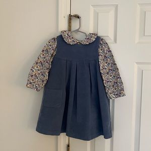 Gray Blue Corduroy Jumper & Floral Ruffled Peter Pan Blouse, 4T